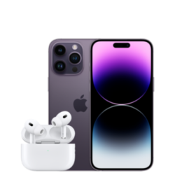 iPhone 14 Pro Max mit AirPods Pro (2. Gen) Lila Frontansicht 1